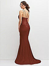 Rear View Thumbnail - Auburn Moon Halter Asymmetrical Draped Stretch Satin Mermaid Dress with Rhinestone Straps