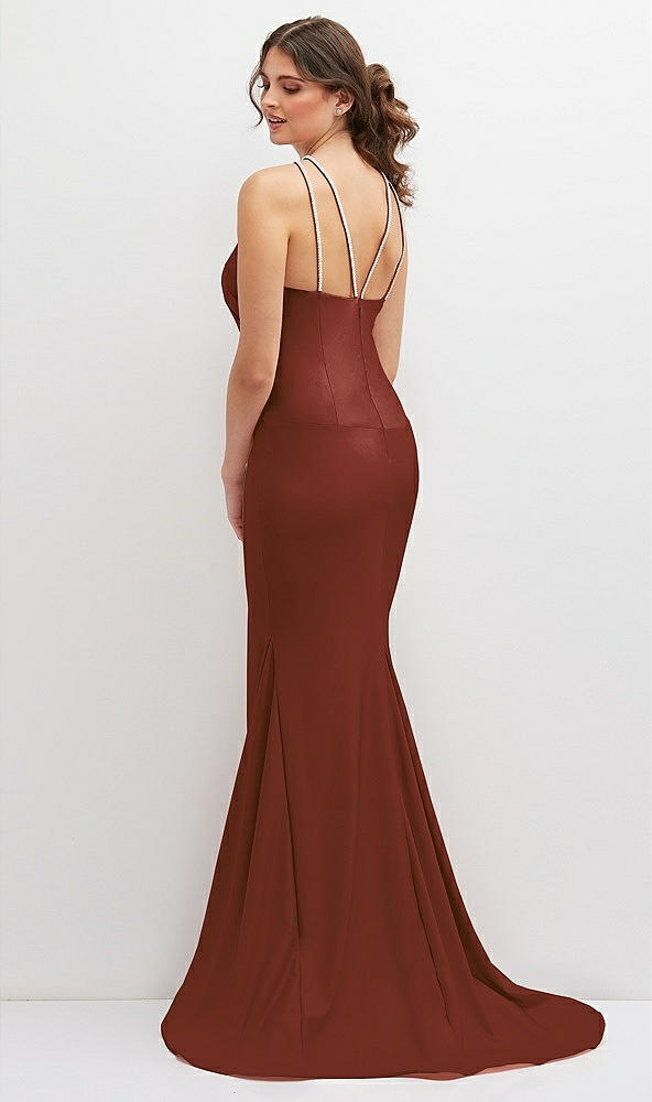 Back View - Auburn Moon Halter Asymmetrical Draped Stretch Satin Mermaid Dress with Rhinestone Straps