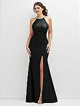 Front View Thumbnail - Black Halter Asymmetrical Draped Stretch Satin Mermaid Dress with Rhinestone Straps