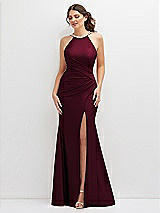 Front View Thumbnail - Cabernet Halter Asymmetrical Draped Stretch Satin Mermaid Dress with Rhinestone Straps