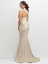 Rear View Thumbnail - Champagne Halter Asymmetrical Draped Stretch Satin Mermaid Dress with Rhinestone Straps