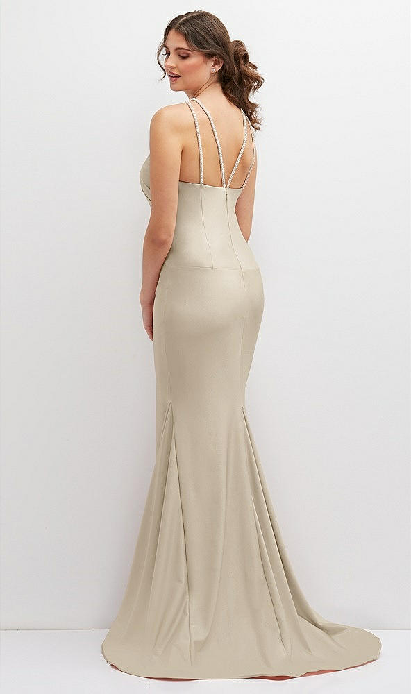 Back View - Champagne Halter Asymmetrical Draped Stretch Satin Mermaid Dress with Rhinestone Straps