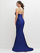 Rear View Thumbnail - Cobalt Blue Halter Asymmetrical Draped Stretch Satin Mermaid Dress with Rhinestone Straps