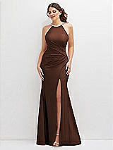 Front View Thumbnail - Cognac Halter Asymmetrical Draped Stretch Satin Mermaid Dress with Rhinestone Straps