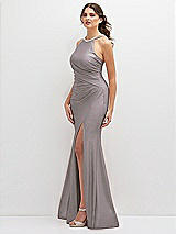 Side View Thumbnail - Cashmere Gray Halter Asymmetrical Draped Stretch Satin Mermaid Dress with Rhinestone Straps