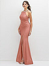 Side View Thumbnail - Desert Rose Halter Asymmetrical Draped Stretch Satin Mermaid Dress with Rhinestone Straps