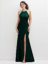 Front View Thumbnail - Evergreen Halter Asymmetrical Draped Stretch Satin Mermaid Dress with Rhinestone Straps