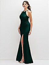 Side View Thumbnail - Evergreen Halter Asymmetrical Draped Stretch Satin Mermaid Dress with Rhinestone Straps