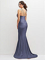 Rear View Thumbnail - French Blue Halter Asymmetrical Draped Stretch Satin Mermaid Dress with Rhinestone Straps