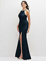 Side View Thumbnail - Midnight Navy Halter Asymmetrical Draped Stretch Satin Mermaid Dress with Rhinestone Straps