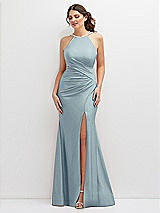 Front View Thumbnail - Mist Halter Asymmetrical Draped Stretch Satin Mermaid Dress with Rhinestone Straps