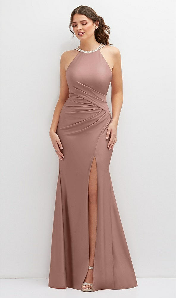 Front View - Neu Nude Halter Asymmetrical Draped Stretch Satin Mermaid Dress with Rhinestone Straps