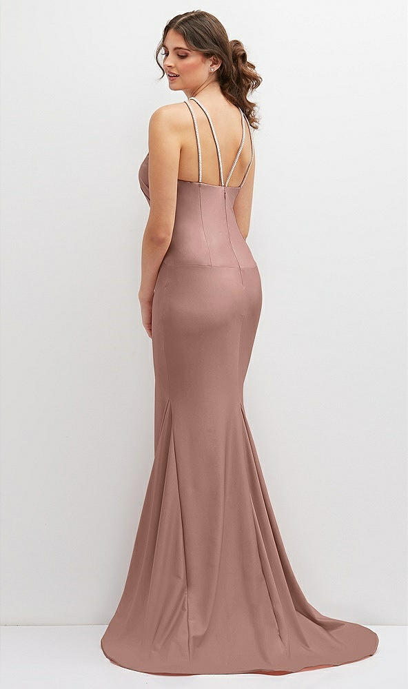 Back View - Neu Nude Halter Asymmetrical Draped Stretch Satin Mermaid Dress with Rhinestone Straps