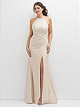 Front View Thumbnail - Oat Halter Asymmetrical Draped Stretch Satin Mermaid Dress with Rhinestone Straps