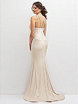 Rear View Thumbnail - Oat Halter Asymmetrical Draped Stretch Satin Mermaid Dress with Rhinestone Straps