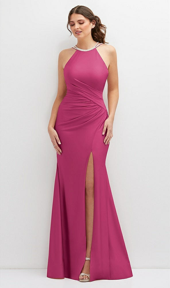 Front View - Tea Rose Halter Asymmetrical Draped Stretch Satin Mermaid Dress with Rhinestone Straps