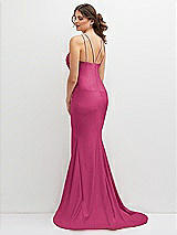 Rear View Thumbnail - Tea Rose Halter Asymmetrical Draped Stretch Satin Mermaid Dress with Rhinestone Straps