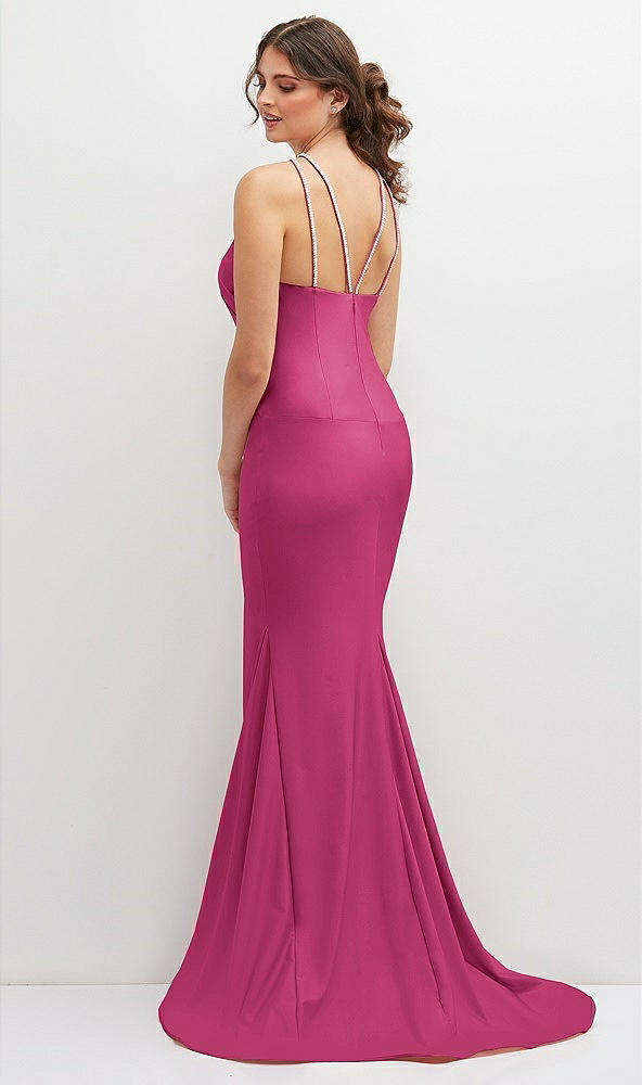 Back View - Tea Rose Halter Asymmetrical Draped Stretch Satin Mermaid Dress with Rhinestone Straps