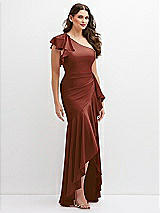 Side View Thumbnail - Auburn Moon One-Shoulder Stretch Satin Mermaid Dress with Cascade Ruffle Flamenco Skirt