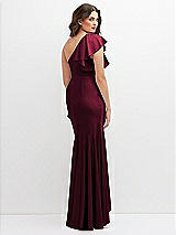 Rear View Thumbnail - Cabernet One-Shoulder Stretch Satin Mermaid Dress with Cascade Ruffle Flamenco Skirt