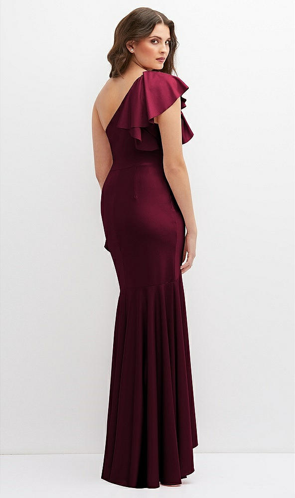 Back View - Cabernet One-Shoulder Stretch Satin Mermaid Dress with Cascade Ruffle Flamenco Skirt