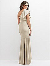 Rear View Thumbnail - Champagne One-Shoulder Stretch Satin Mermaid Dress with Cascade Ruffle Flamenco Skirt