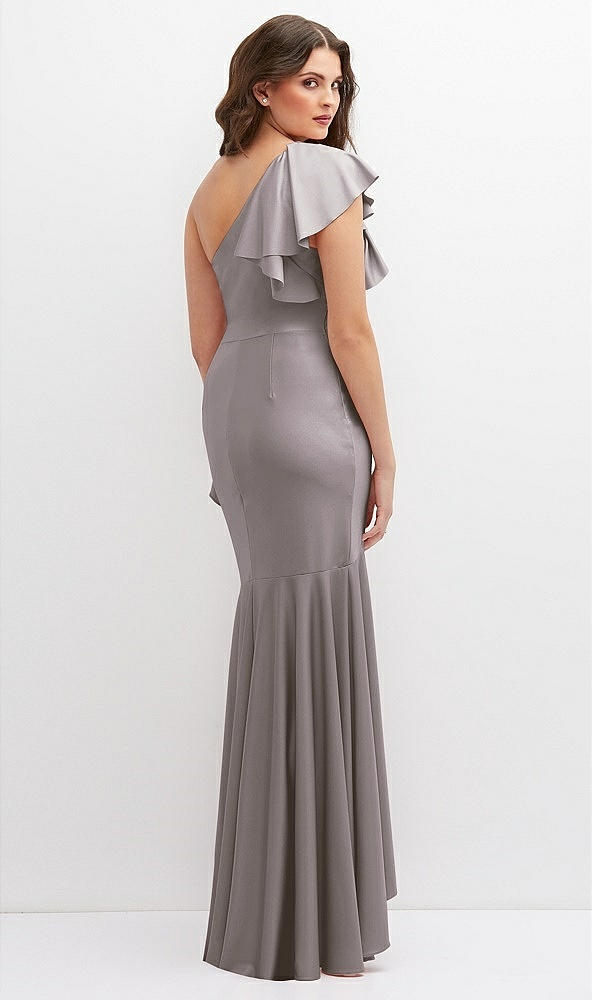 Back View - Cashmere Gray One-Shoulder Stretch Satin Mermaid Dress with Cascade Ruffle Flamenco Skirt