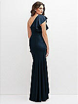 Rear View Thumbnail - Midnight Navy One-Shoulder Stretch Satin Mermaid Dress with Cascade Ruffle Flamenco Skirt