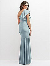 Rear View Thumbnail - Mist One-Shoulder Stretch Satin Mermaid Dress with Cascade Ruffle Flamenco Skirt