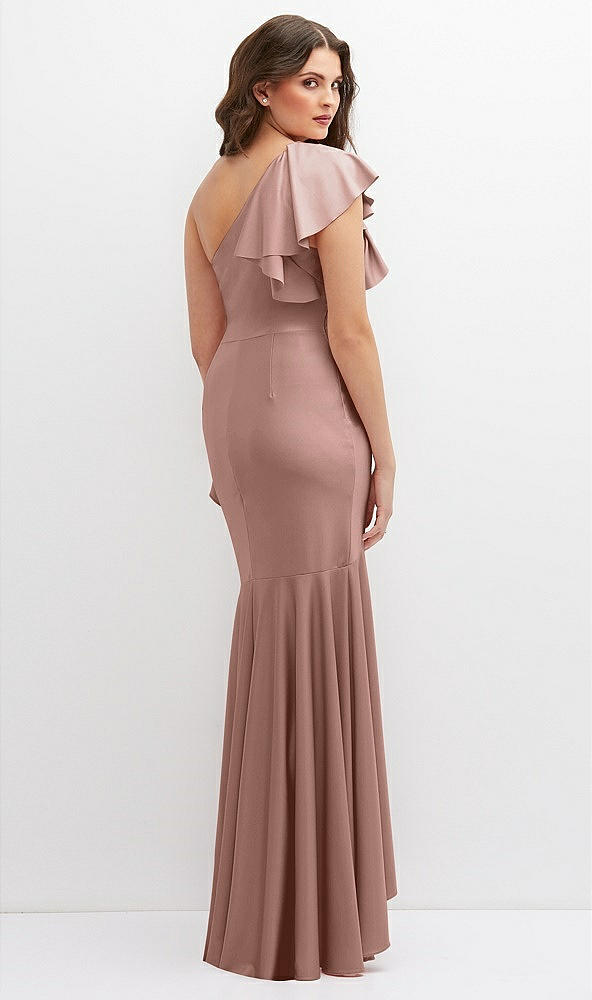 Back View - Neu Nude One-Shoulder Stretch Satin Mermaid Dress with Cascade Ruffle Flamenco Skirt