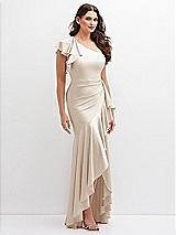 Side View Thumbnail - Oat One-Shoulder Stretch Satin Mermaid Dress with Cascade Ruffle Flamenco Skirt