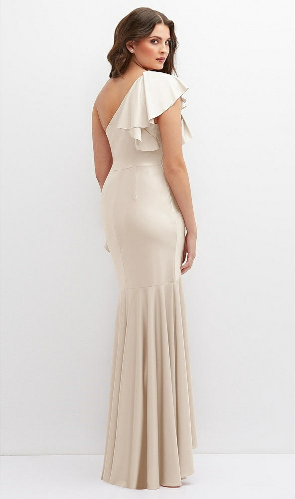 Back View - Oat One-Shoulder Stretch Satin Mermaid Dress with Cascade Ruffle Flamenco Skirt