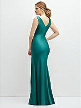 Rear View Thumbnail - Peacock Teal Draped Wrap Stretch Satin Mermaid Dress with Horsehair Hem