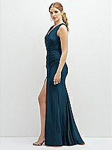 Side View Thumbnail - Atlantic Blue Draped Wrap Stretch Satin Mermaid Dress with Horsehair Hem