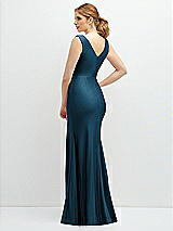 Rear View Thumbnail - Atlantic Blue Draped Wrap Stretch Satin Mermaid Dress with Horsehair Hem