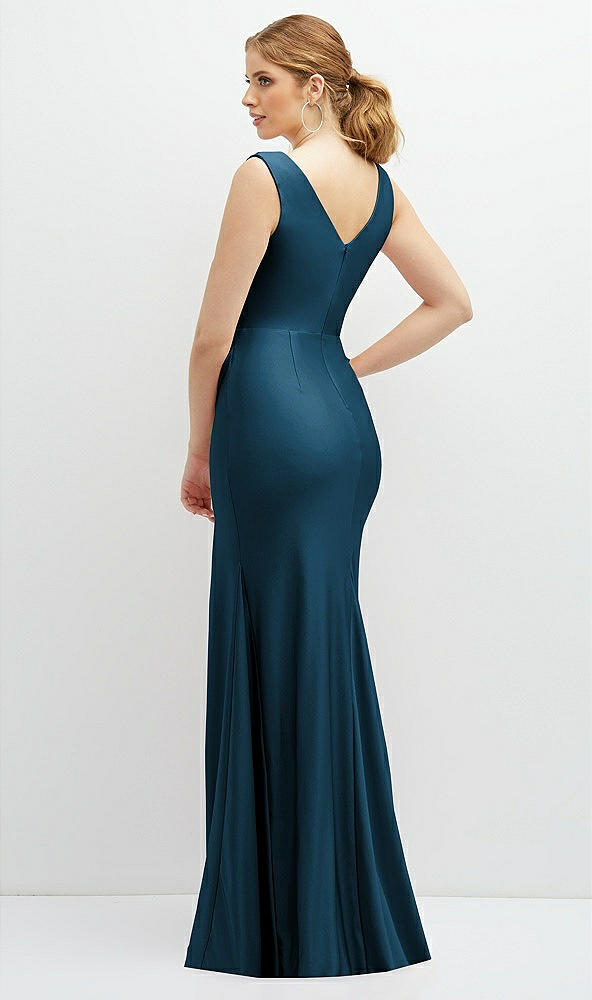 Back View - Atlantic Blue Draped Wrap Stretch Satin Mermaid Dress with Horsehair Hem