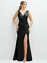 Front View Thumbnail - Black Draped Wrap Stretch Satin Mermaid Dress with Horsehair Hem