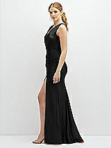 Side View Thumbnail - Black Draped Wrap Stretch Satin Mermaid Dress with Horsehair Hem