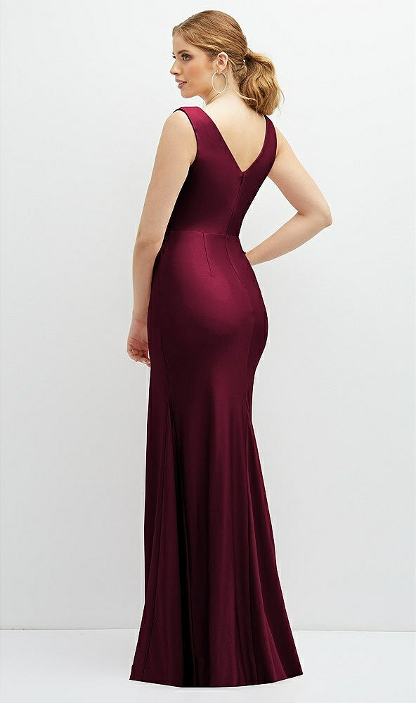 Back View - Cabernet Draped Wrap Stretch Satin Mermaid Dress with Horsehair Hem