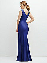 Rear View Thumbnail - Cobalt Blue Draped Wrap Stretch Satin Mermaid Dress with Horsehair Hem