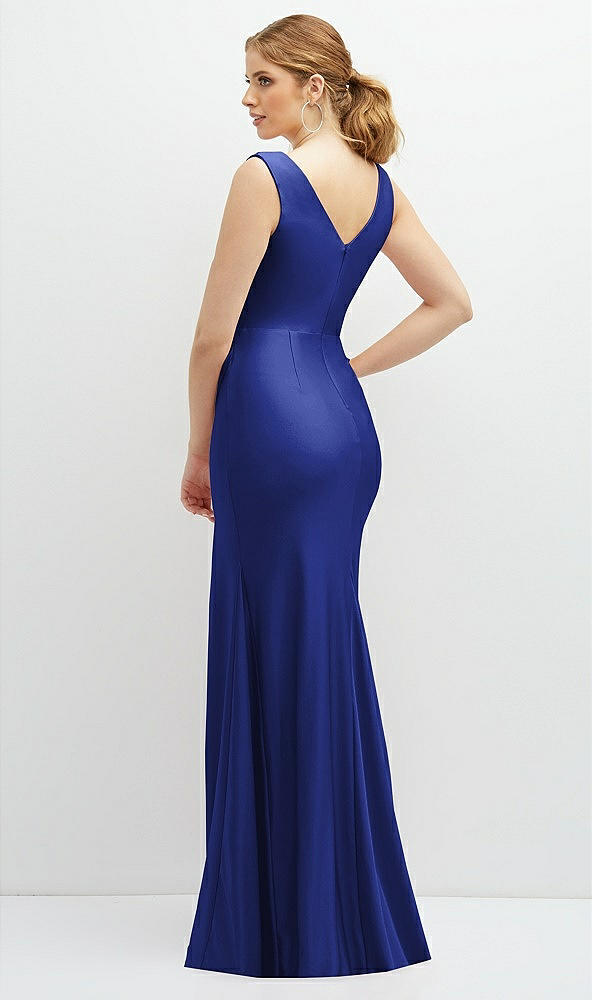 Back View - Cobalt Blue Draped Wrap Stretch Satin Mermaid Dress with Horsehair Hem