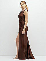 Side View Thumbnail - Cognac Draped Wrap Stretch Satin Mermaid Dress with Horsehair Hem