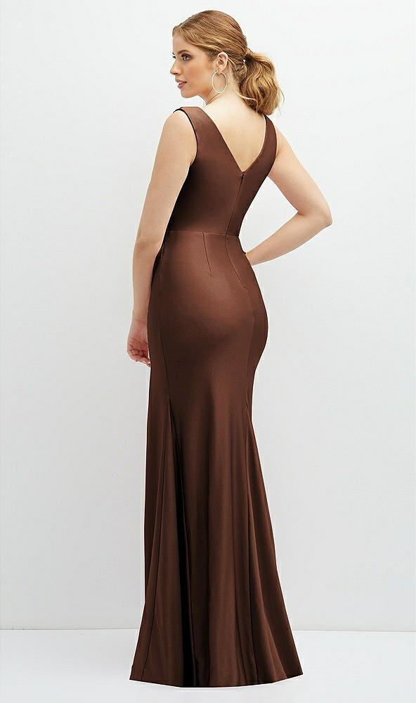 Back View - Cognac Draped Wrap Stretch Satin Mermaid Dress with Horsehair Hem