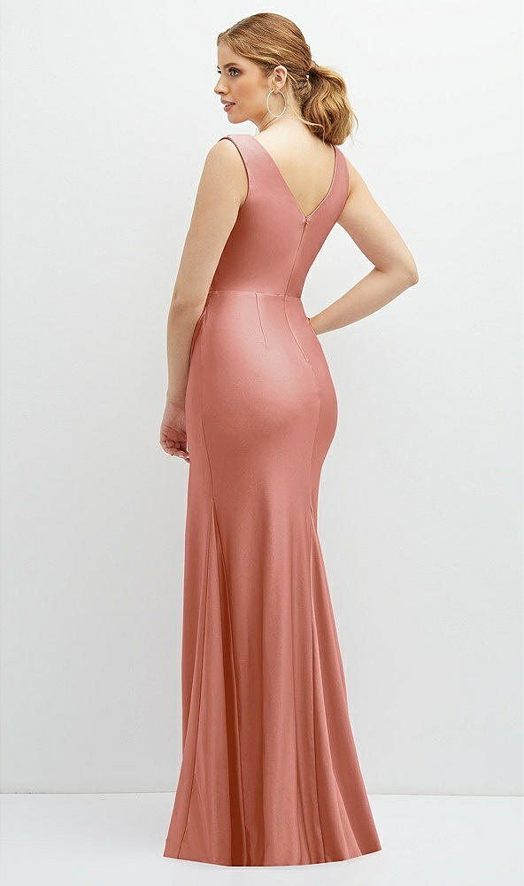 Back View - Desert Rose Draped Wrap Stretch Satin Mermaid Dress with Horsehair Hem