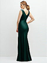 Rear View Thumbnail - Evergreen Draped Wrap Stretch Satin Mermaid Dress with Horsehair Hem