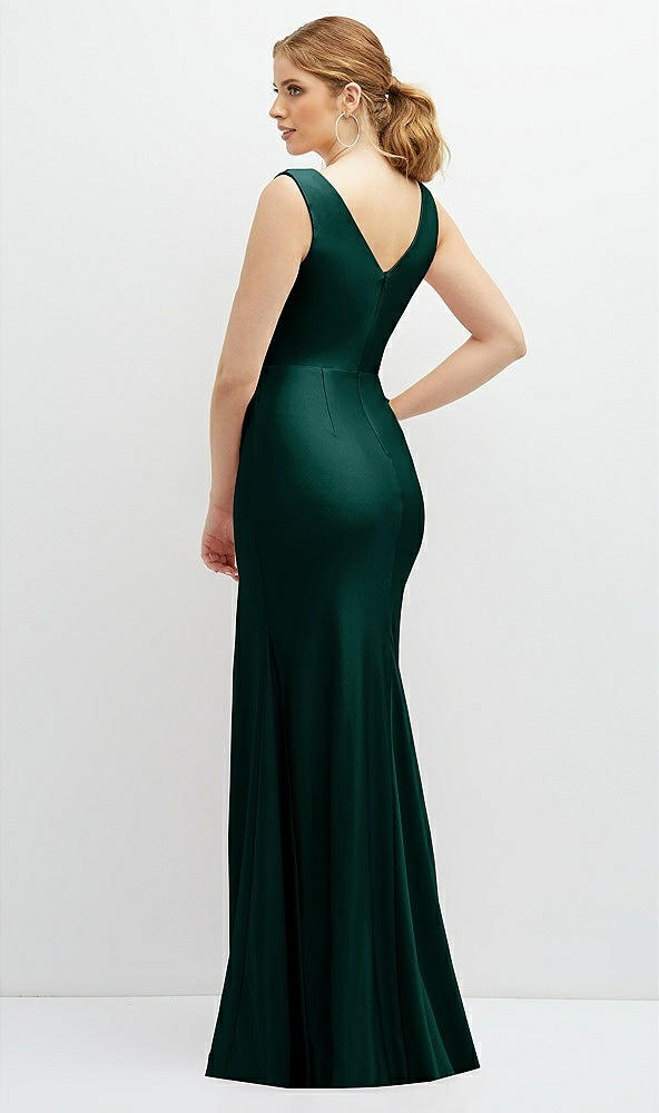 Back View - Evergreen Draped Wrap Stretch Satin Mermaid Dress with Horsehair Hem