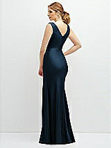 Rear View Thumbnail - Midnight Navy Draped Wrap Stretch Satin Mermaid Dress with Horsehair Hem