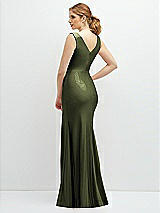 Rear View Thumbnail - Olive Green Draped Wrap Stretch Satin Mermaid Dress with Horsehair Hem