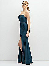 Side View Thumbnail - Atlantic Blue Strapless Basque-Neck Draped Stretch Satin Mermaid Dress with Horsehair Hem