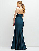 Rear View Thumbnail - Atlantic Blue Strapless Basque-Neck Draped Stretch Satin Mermaid Dress with Horsehair Hem